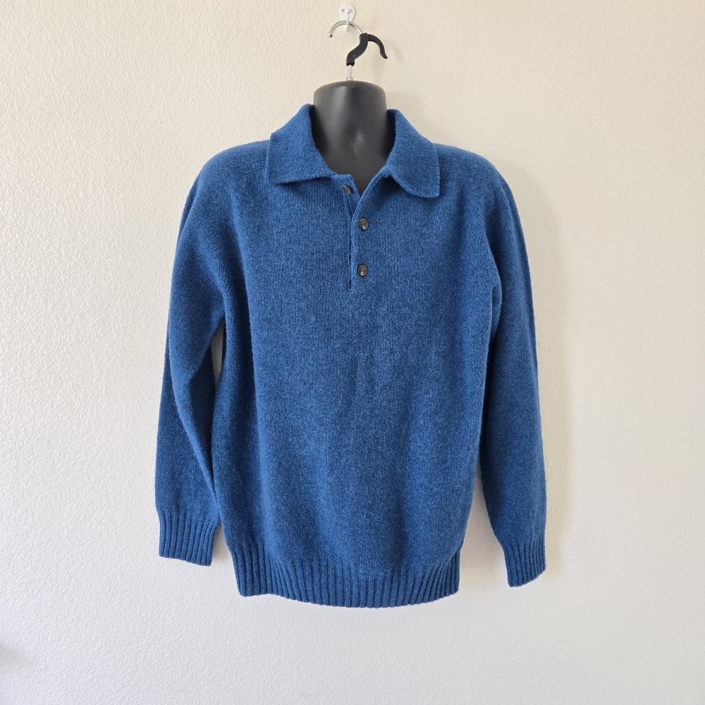 Harley of Scotland Mens XL Polo‎ Collar PulloverSweater New Wool Blue Relaxed